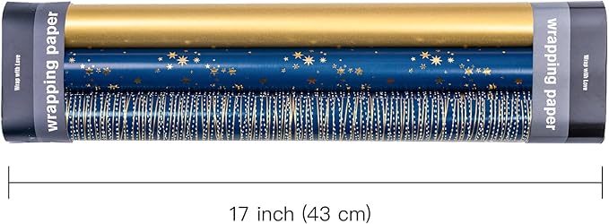 WRAPAHOLIC Wrapping Paper Roll - Mini Roll - 3 Rolls - 17 Inch X 120 Inch Per Roll - Navy and Gold Star/Stripe/Gold Pearlized Print for Birthday, Father's Day, Holiday, Party
