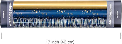 WRAPAHOLIC Wrapping Paper Roll - Mini Roll - 3 Rolls - 17 Inch X 120 Inch Per Roll - Navy and Gold Star/Stripe/Gold Pearlized Print for Birthday, Father's Day, Holiday, Party