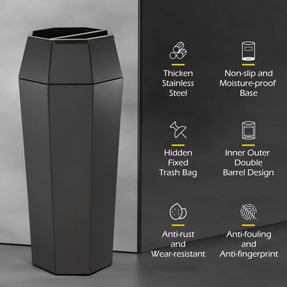 Dyna-Living Commercial Heavy-Duty Trash Cans Outdoor Garbage Can with Lid Large Trash Cans with Inside Cabinet for Patio, Black Stainless Steel Garbage Can Commercial Indoor Trash Bin for Lobby