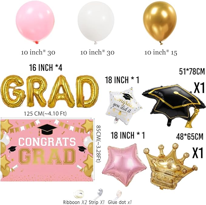Pink White Gold Graduation Decorations 2026 - 130Pcs Graduation Balloon Garland Arch Kit with GRAD Foil Balloons, Crown, Star and Cap Balloons for Class of 2026 Girls Senior Prom Party Supplies