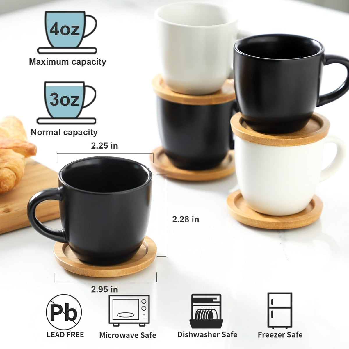 Hasense 4 OZ Espresso Cups and Saucers Set of 6, Demitasse Cups with Handle for Latte, Cappuccino, Cafe Mocha and Tea