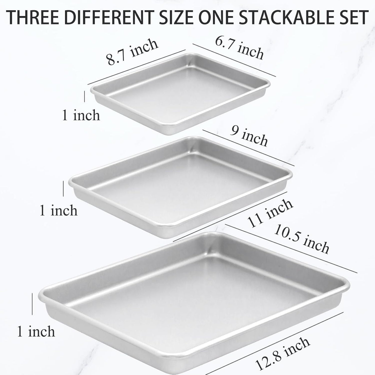 3-Piece Nonstick Baking Pans Set of 3 - Nonstick Rectangle Sheet Cake Pans, 13/11/9 Inch Metal Oven Tray for Cooking Jellyroll, Stackable Bakeware Set