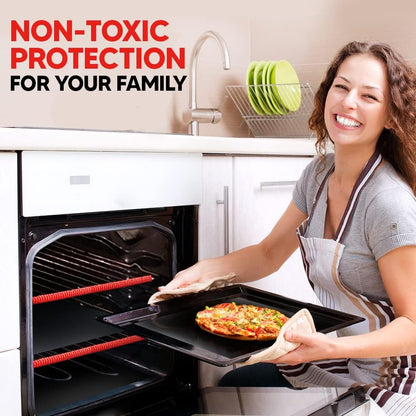 Oven Liners for Bottom of Oven Black (4-pack) Bundled with Range Rack Shield (4-pack) - Large Mat for Bottom of Range (17"x 25") and 14" Red Stove Guards for Racks - Reusable & Heat Resistant