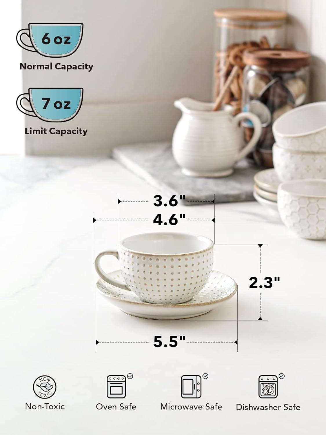 LE Tauci Cappuccino Cups with Saucers 6 oz, Ceramic Embossment Coffee Cup for Au Lait, Double shot, Latte, Cafe Mocha, Tea, Dishwasher Safe