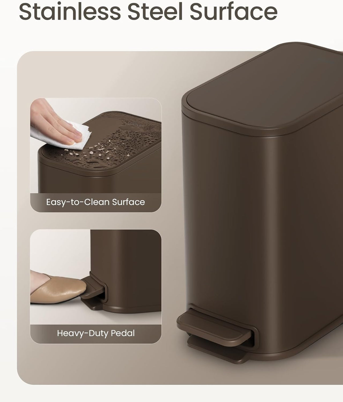 Cesun Small Bathroom Trash Can with Lid Soft Close, Step Pedal, 5 Liter / 1.3 Gallon Stainless Steel Garbage Can with Removable Inner Bucket, Waste Basket for Bathroom, Bedroom (Brown)