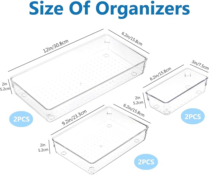 6 PCS Large Drawer Organizer, 3Sizes Plastic Versatile Desk Drawer Organizer Trays with Non-Slip Silicone Pads, Storage Bins for Makeup, Office, Kitchen Gadgets Utensils, Bedroom, Tools, Bathroom