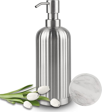 AUMIO Soap Dispenser 18 Oz with Non-Slip Coaster, Stripe Design Dish Soap Dispenser Brushed Nickel, Refillable Liquid Hand Soap Dispenser for Bathroom, Kitchen Soap Dispenser Premium Stainless Steel
