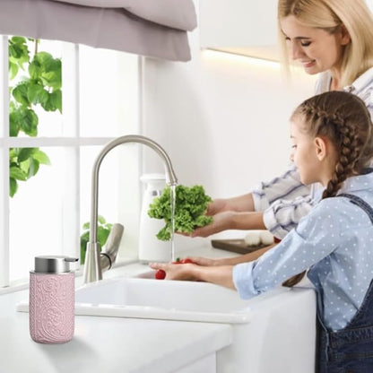 Foaming Hand Soap Dispenser, 12 Oz Ceramic Bathroom Foam Soap Dispenser with Silver Soap Pump, Refillable Lotion Hand Soap Dispenser, Dish Soap Dispenser for Kitchen (Pink)