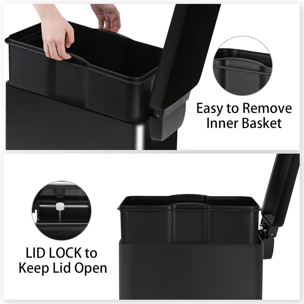 Arlopu 13.2 Gal Slim Kitchen Trash Can with Lid, 50L Stainless Steel Garbage Can, Large Kitchen Rubbish Can, Step Trash Bin w/Foot Pedal and Inner Bucket, Bathroom Trash Can Airtight (Black)