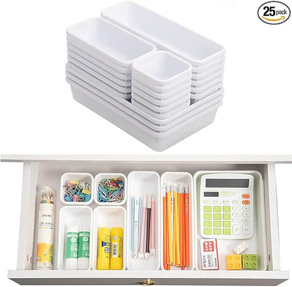 BOPART 25pcs Drawer Organizer Trays for Makeup Jewelries or Gadgets Storage Bins Interlocking for Office, Bedroom Dresser, Bathroom Vanity, Kitchen Junk Drawers Organization - White
