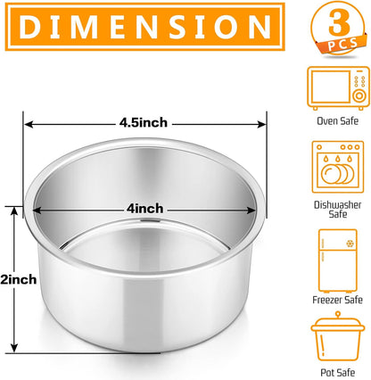 P&P CHEF 4 Inch Round Cake Pan Set of 3, Stainless Steel Round Baking Layer Pans Bakeware for Layer Birthday Cake, Fit Oven/Pots/Pressure Cooker, Leakproof & Dishwasher Safe, Silver