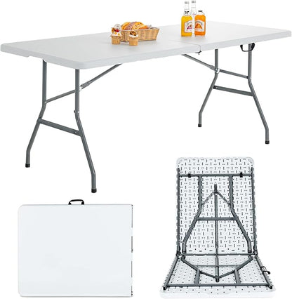 Goplus 6ft Folding Table, Indoor Outdoor Foldable Plastic Folding Tables, Heavy-Duty Rectangular Fold Up Table w/Handle, Portable Utility Card Table for Picnic, Party, Dining, Camping, Beach, White