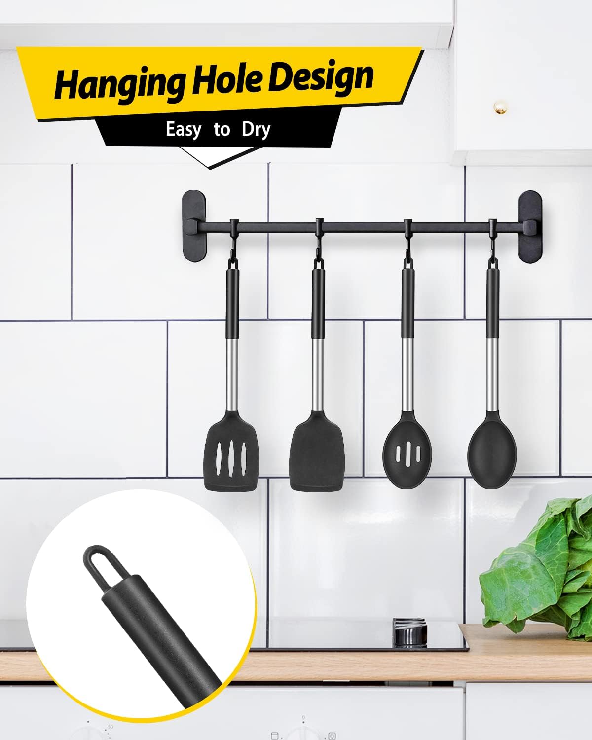 Pack of 4 Silicone Cooking Utensils Set, Non Stick Large Solid Spatulas, Heat Resistant Black Slotted Spoons