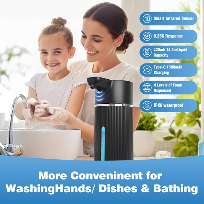 Touchless Automatic Soap Dispenser for Kitchen and Bathroom, Liquid Hand Soap Dispenser, Water-Resistant and Rechargeable, 14.2oz/420ml ，Intelligent Digital Display，4-Level Adjustable,Modern