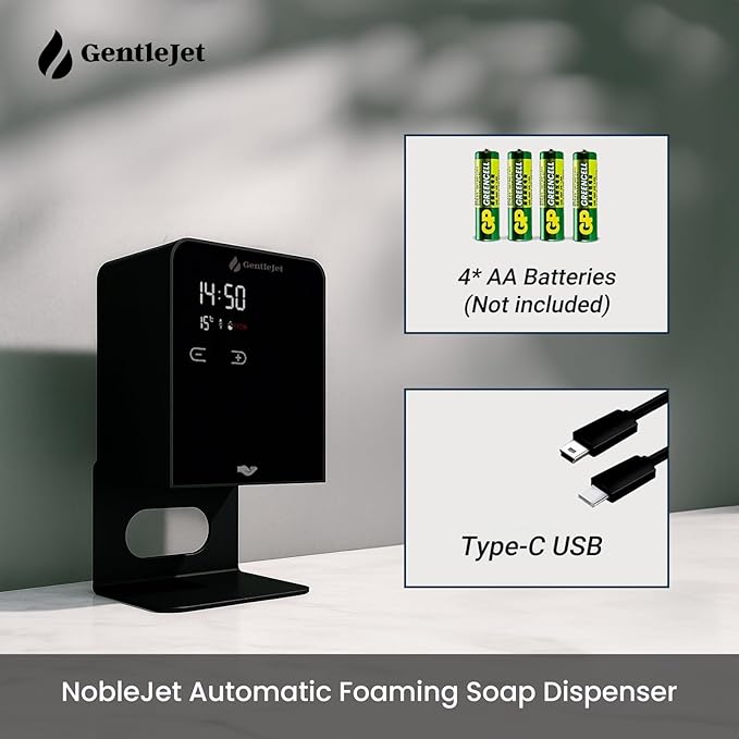 GentleJet NobleJet Automatic Foaming Soap Dispenser – Touchless Sensor, LED Display, 5 Foam Levels, Wall Mount or Countertop, Rechargable USB-C or Battery Powered, Aluminum Alloy, 480 ml Refillable