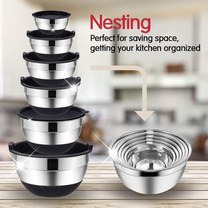 Mixing Bowls Set with Airtight Lids, 20PCS Stainless Steel, Nesting Bowls with 3 Grater Attachments & Non-Slip Bottoms, Size7, 4, 3, 2, 1.5