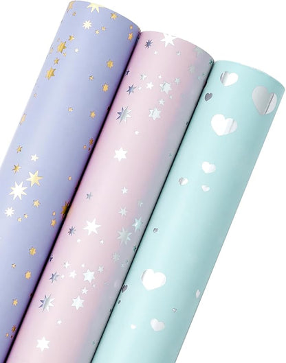 WRAPAHOLIC Wrapping Paper Roll - Mini Roll - 3 Rolls - 17 inch X 120 inch Per roll - Pastel Color and foil Patterns for Wedding, Bridal Shower, Birthday, Baby Shower, Mother Day, Valentine's Day