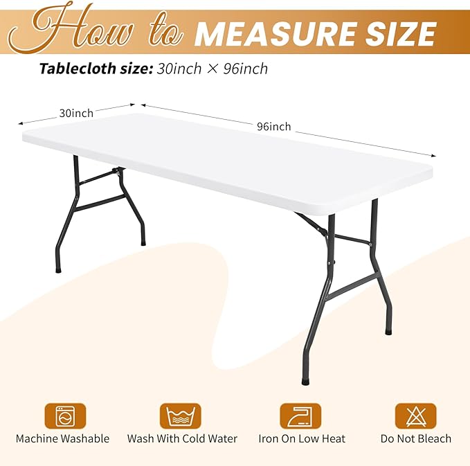 6 Pack Stretch Fabric Table Top Cap Cover, fits 8Ft Tables, Spandex Table Covers Washable Elastic Universal Rectangle Tablecloth Protector for Indoor Outdoor Party Picnic Wedding, White, 30" W x 96" L