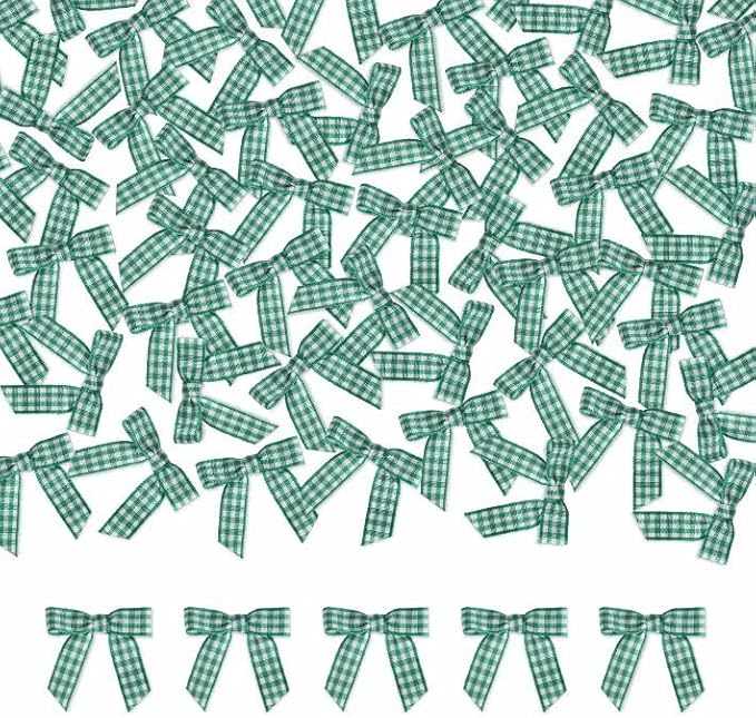 Meseey 100 Pcs 1.5 Inches Premade Gingham Craft Bows Self Adhesive Green and White Plaid Satin Ribbon Bows for Treat Bags Gift Wrapping Basket Wedding Baby Shower Brithday Party(Green and White Plaid)