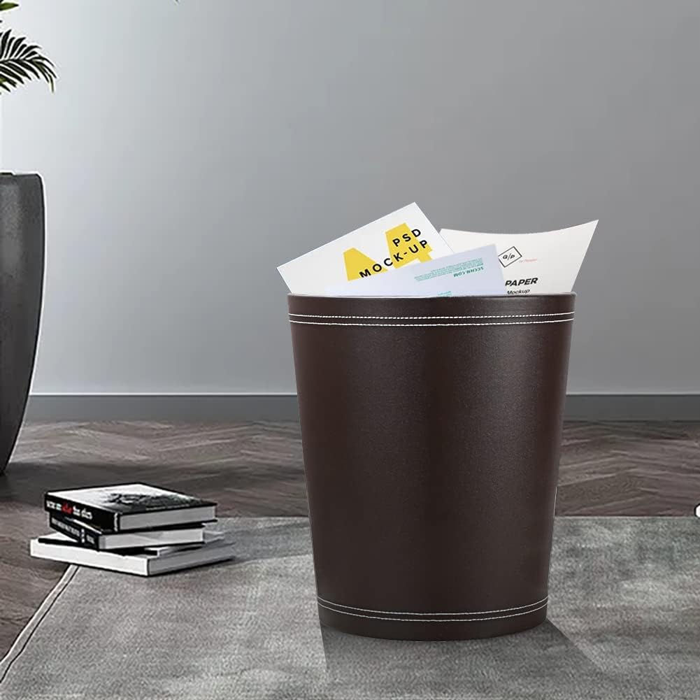 KINGFOM Classic Pu Leather Trash Can Wastebasket, Garbage Container Can for Bathrooms, Powder Rooms, Kitchens, Home, Office and and High Class Hotel Round Brown