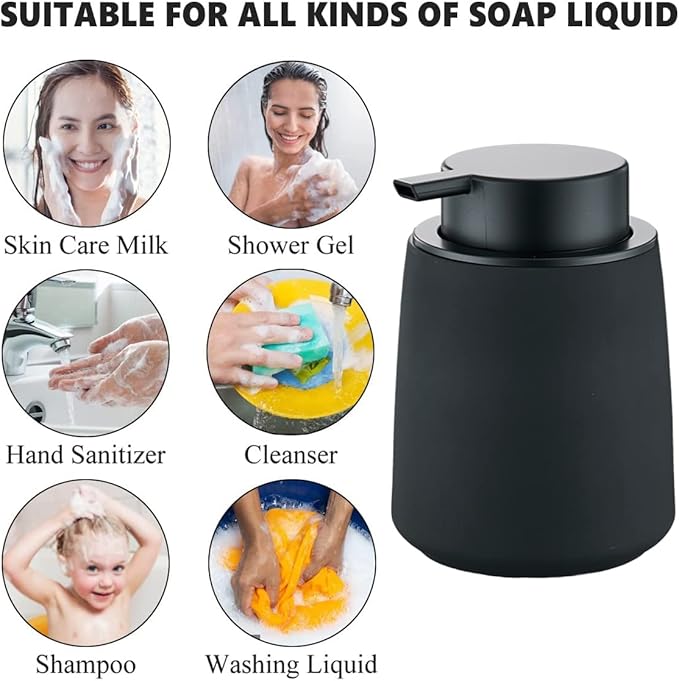 12Oz Black Soap Dispenser - Modern Ceramic Lotion Hand Soap Dispenser with Easy-to-Press Black Pump, Reusable and Refillable Liquid Dish Soap Dispensers for Bathroom, Kitchen (Rubber Paint)