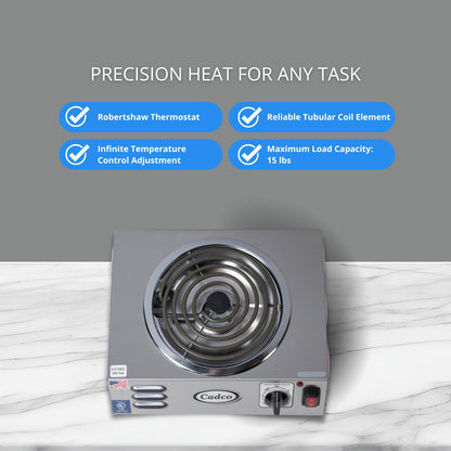 Cadco CSR-3T(220) 14" Electric Portable Countertop Hi-Power Hot Plate w/One Tubular Burner for Restaurant Hotel Food Truck Concession Kiosk, Stainless Steel, 220v