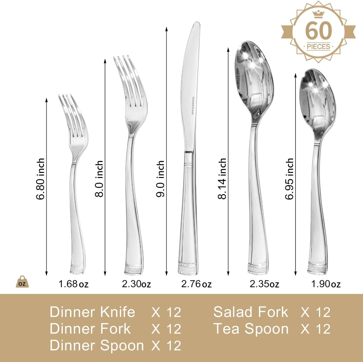 KINGSTONE Silverware Set, 60-Piece Flatware Set for 12, 18/10 Stainless Steel Cutlery Set with Bead Edge, Utensil for Kitchen, Home, Party, Wedding, Mirror Polished, Dishwasher Safe, Featured Gifts