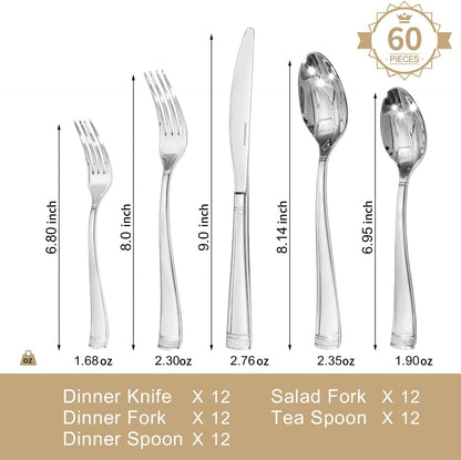KINGSTONE Silverware Set, 60-Piece Flatware Set for 12, 18/10 Stainless Steel Cutlery Set with Bead Edge, Utensil for Kitchen, Home, Party, Wedding, Mirror Polished, Dishwasher Safe, Featured Gifts