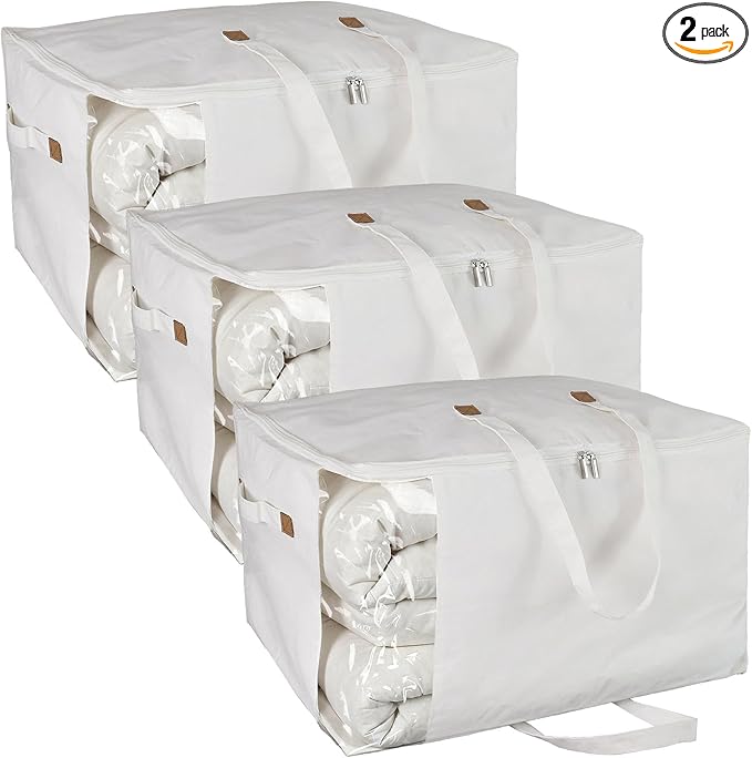 Heavy Duty Cotton Canvas Storage Bags For Comforter Blankets Clothes Extra Large Foldable Organizer with Clear Window & Reinforced Handles, Dustproof Design (White, 80L-3Pack)