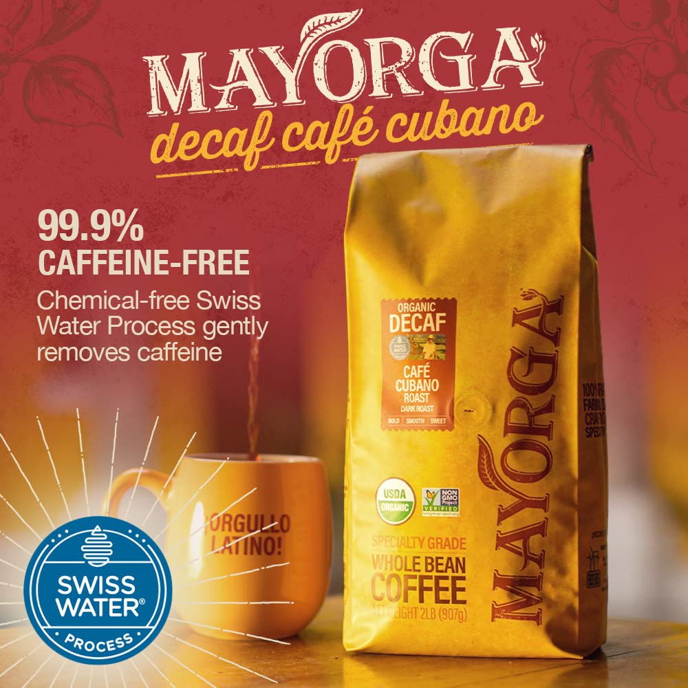 Mayorga Decaf Dark Roast 5lb Bag Cafe Swiss Water Decaffeinated Cubano Roast 100% Arabica Whole Coffee Beans - Smoothest Organic Coffee
