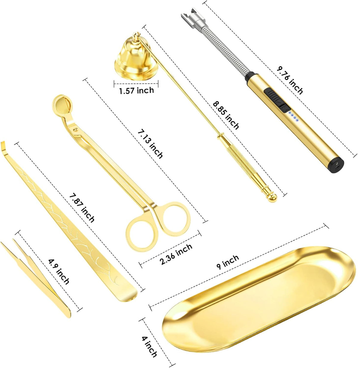6 in 1 Candle Accessory Set,Candle Wick Trimmer Cutter,Candle Wick Dipper,Candle Wick Snuffer, Rechargeable Candle Lighter,Storage Tray Plate,Tweezers,Stainless Steel Candle Care Kit Home Gift(Gold)