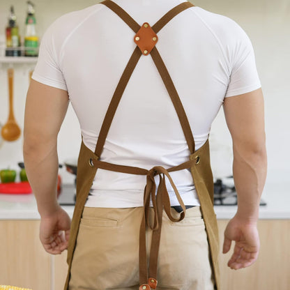 Canvas Aprons for Men Chef Apron, Work Apron with Large Pockets - 16oz Heavy Duty Cross Back, BBQ, Cooking