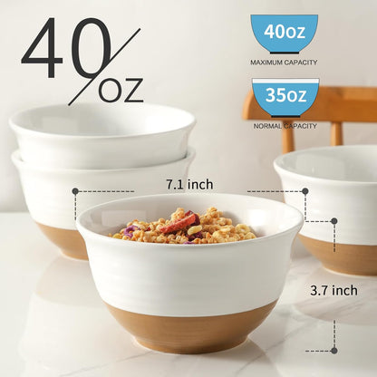 Hasense Soup Bowls, 7 Inch Large Cereal Bowls Set of 4, 40 OZ Ceramic Deep Salad Serving Bowls, Bowls Set for Pasta Pho Ramen Noodle Popcorn