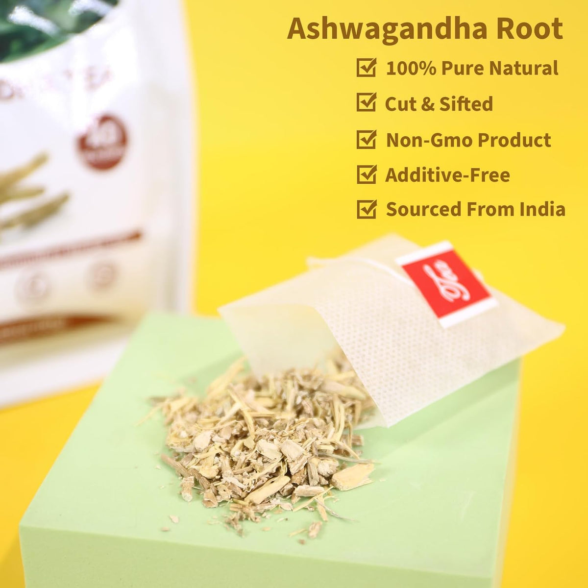 Tearelae - Ashwagandha Tea Bags - 2.5g x 40 Count - Sourced From India - Premium Natural Cut & Sifted Pure Indian Ginseng Root - Non-GMO