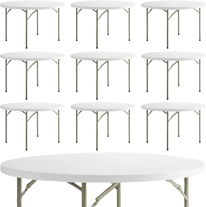 10 Pack! 48 Inches Round Heavy-Duty Granite White Plastic Folding Table, Kitchen Table Foldable Table Commercial Folding Table Picknick Table Bar Height Table Cover White Top Fold Up Table