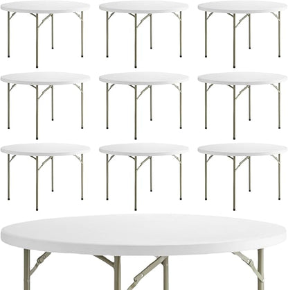 10 Pack! 48 Inches Round Heavy-Duty Granite White Plastic Folding Table, Kitchen Table Foldable Table Commercial Folding Table Picknick Table Bar Height Table Cover White Top Fold Up Table
