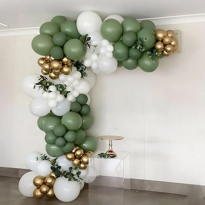 Lukiituke Sage Green and Gold Balloon Arch Kit, 134Pcs Sage Green Balloons, 4 Sizes Sage Green White and Gold Balloons for Baby Shower Wedding Bridal Birthday Party Decorations