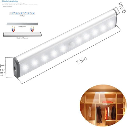 RXWLKJ Stick-on Anywhere Portable Little Light Wireless LED Under Cabinet Lights 10-LED Motion Sensor Activated Night Light Build in Rechargeable Battery Magnetic Tap Lights for Closet, Cabinet