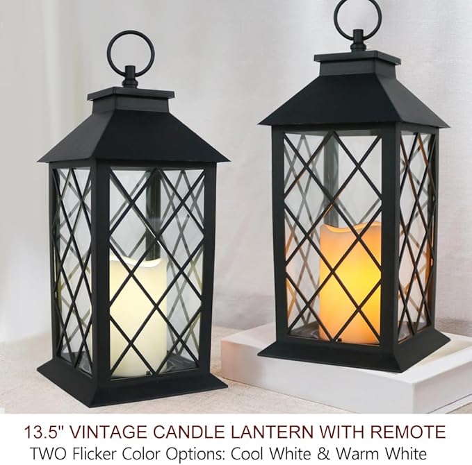 2-Pack 13.5" Candle Lanterns Outdoor Waterproof Decorative Lights with Timer Remote - Decorative Indoor LED Lanterns Battery Operated - Cool White Vintage Lantern Outdoor