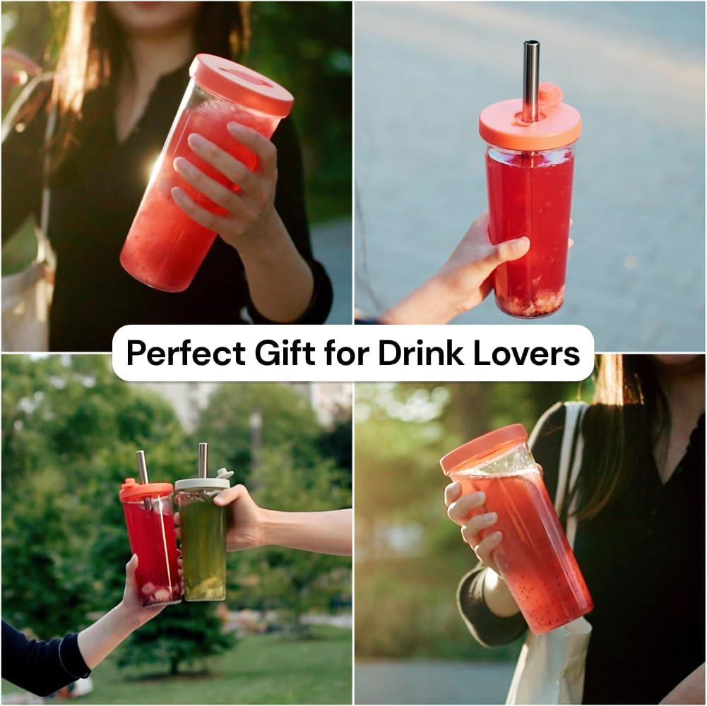 Dodoko Hot Pink Reusable Boba Tea Cup with Straw, 24 oz - Insulated BPA Free Shatterproof Tumbler for Iced Coffee, Smoothies, Cold Drinks