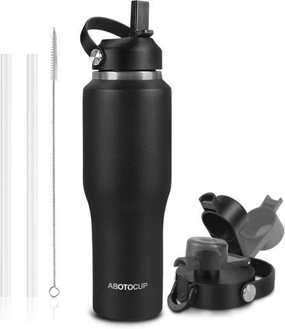 40oz Black Water Bottle Stainless Steel, Keep Cold 24H&Hot 12H, Water Bottle with Straw&Spout Lids, Insulated Water Bottle Double Wall Vacuum