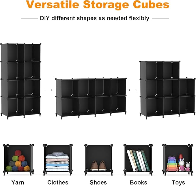 AWTATOS 8 Cube Storage Organizer, Closet Organizer Storage Shelf, Bookcase Bookshelf, DIY Stackable Storage Cubes Shelves for Closet, Bedroom, Home, Office, Black