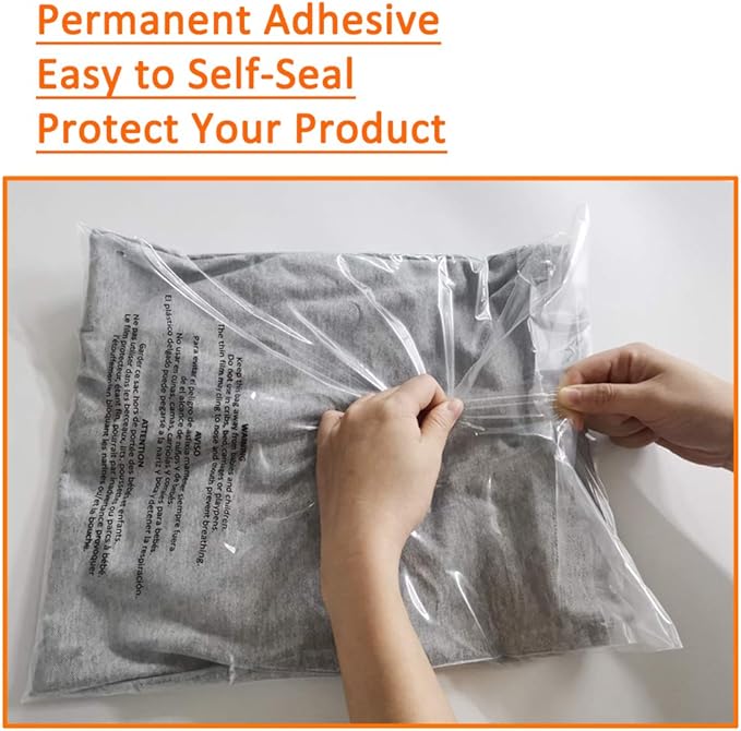 200 Count 12x15 Inch Self Seal Clear Poly Bags with Suffocation Warning for Packaging Clothing, T Shirts, Decorative Wrappers and More with Permanent Adhesive (1.5mil)