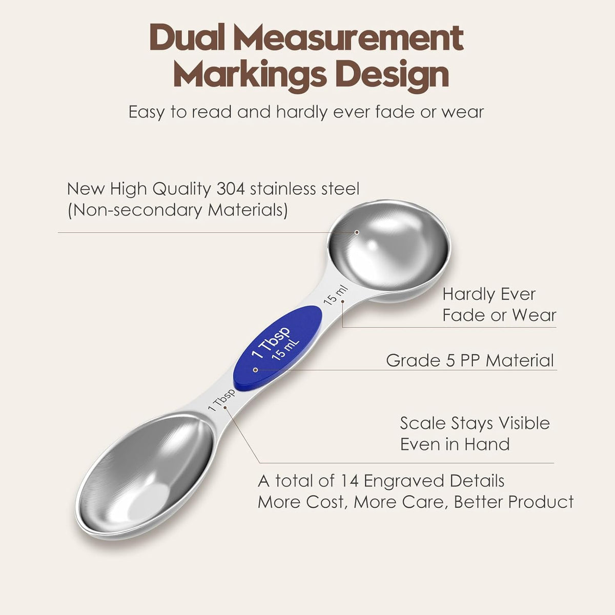 Magnetic Measuring Spoons Set of 8 - Heavy Duty 304 Stainless Steel, Triple Measurement Markings, Strong N52 Magnets, Easy to Clean