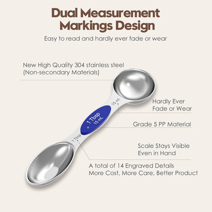 Magnetic Measuring Spoons Set of 8 - Heavy Duty 304 Stainless Steel, Triple Measurement Markings, Strong N52 Magnets, Easy to Clean