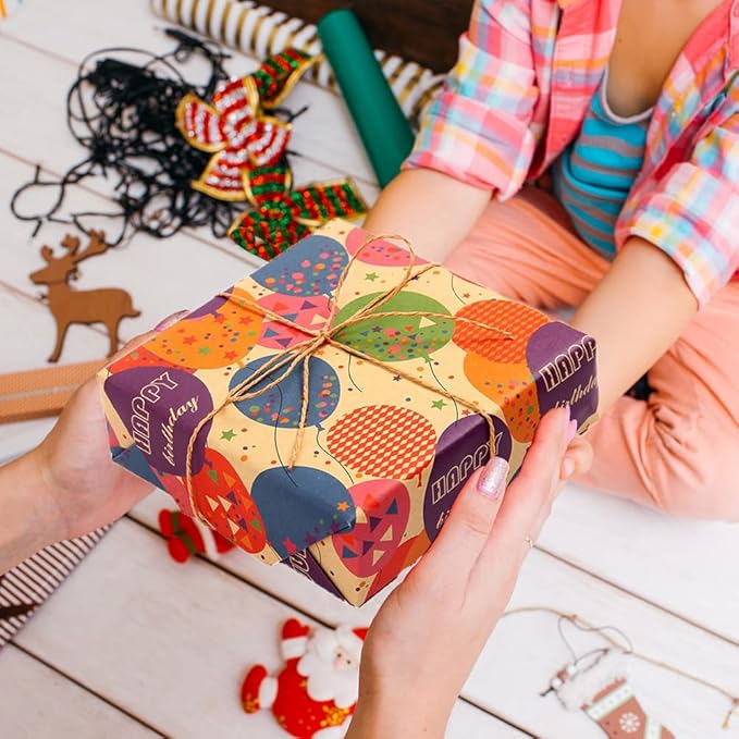 Birthday Wrapping Paper,Gift Wrapping Paper Roll,Kraft Wrapping Paper - 4 Roll 17 X 120 inch Per roll,Colorful Happy Birthday Pattern For Boys Girls Men Women, Perfect For Birthdays Party, Baby Shower