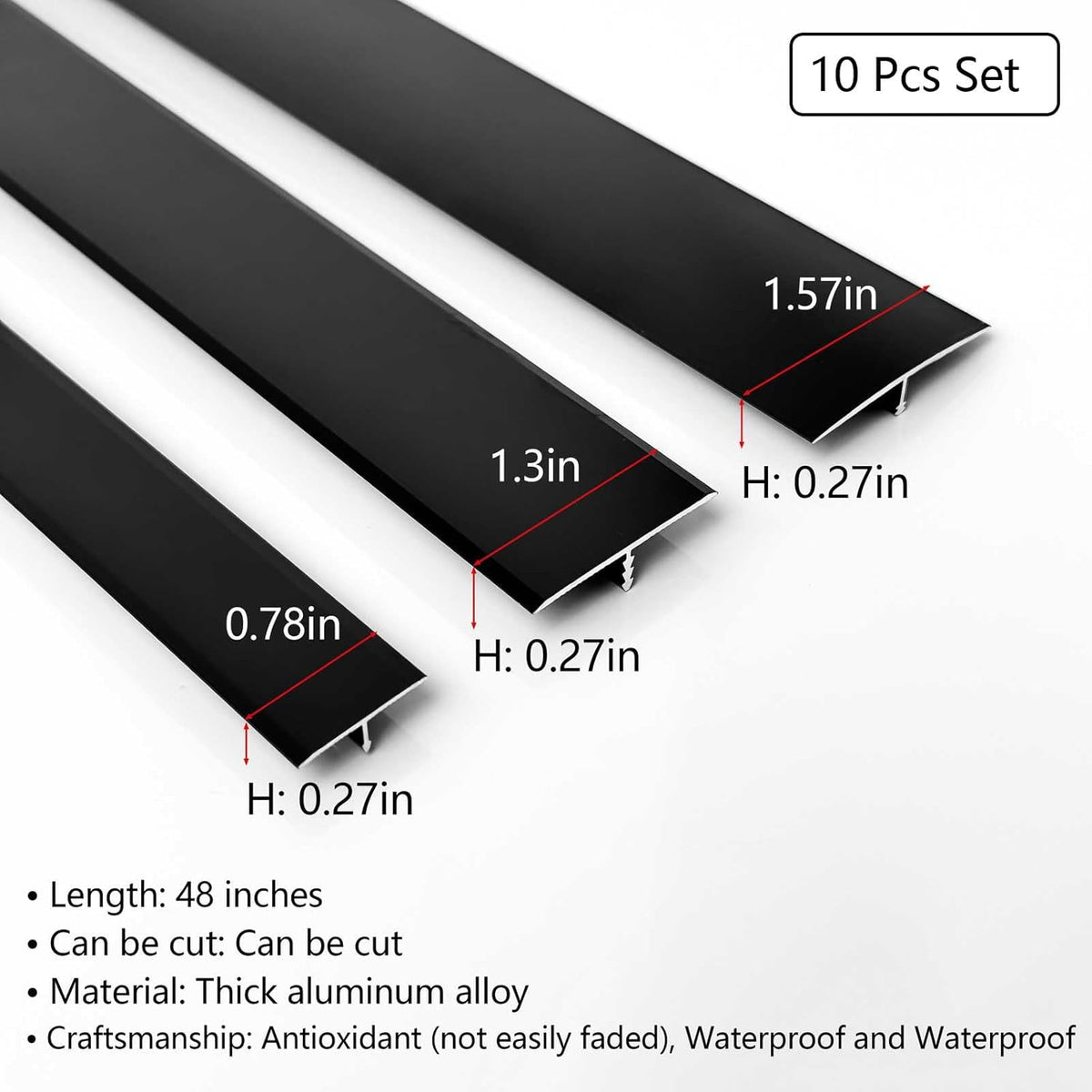 10Pcs Aluminum T Molding Floor Transition Strip, 48In Aluminum T Molding Trim, Floor Strip Floor Flat Divider Strip for Joining Floor Gaps, Threshold, Floor Tiles (Black, 4ft x 1.3in 10Pcs)