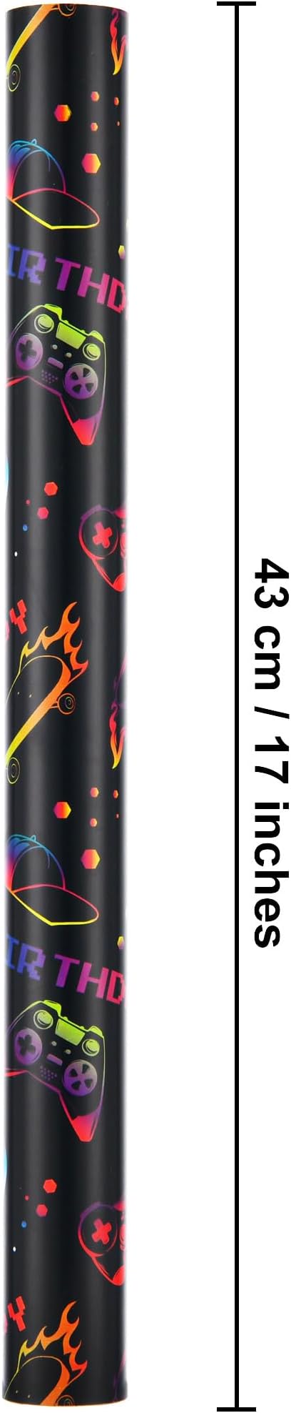 Titiweet Gaming Birthday Wrapping Paper for Boys Girls, 17 Inches x 33 Feet Black with Vibrant Game Controller, Skateboard & Cap Design Wrapping Paper for Game Lover