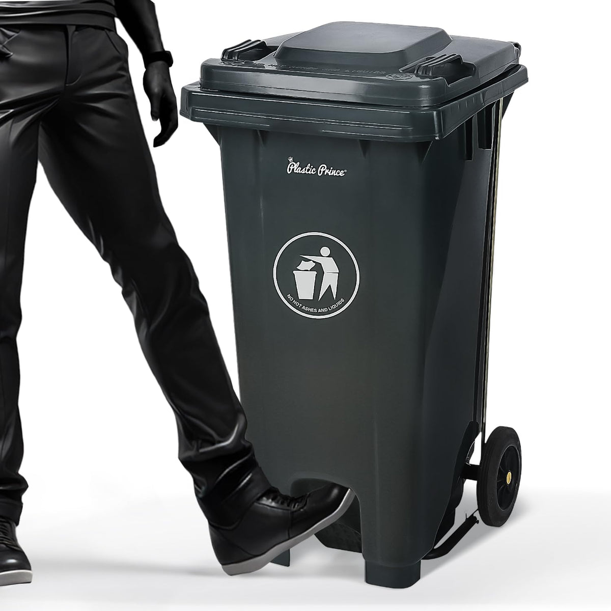 32 Gallon Step-On Large Outdoor Trash Can with Lid and Wheels - Outside Plastic Rolling Garbage Can - Rollout Commercial Heavy-Duty Container Barrel, Gray