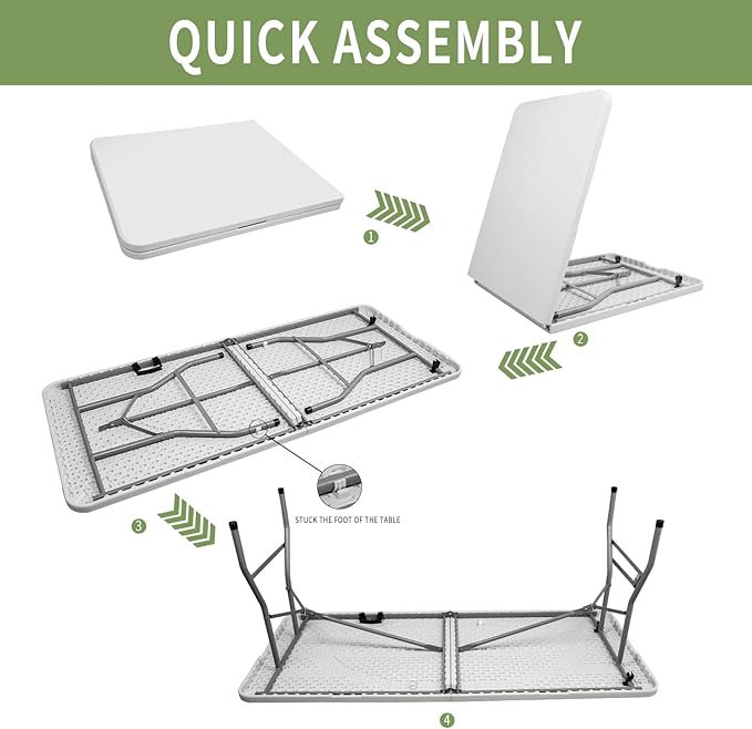 6ft Folding Table Portable Heavy Duty Plastic Utility Foldable Table Indoor Outdoor for Camping, Party with Handle, Lock - White